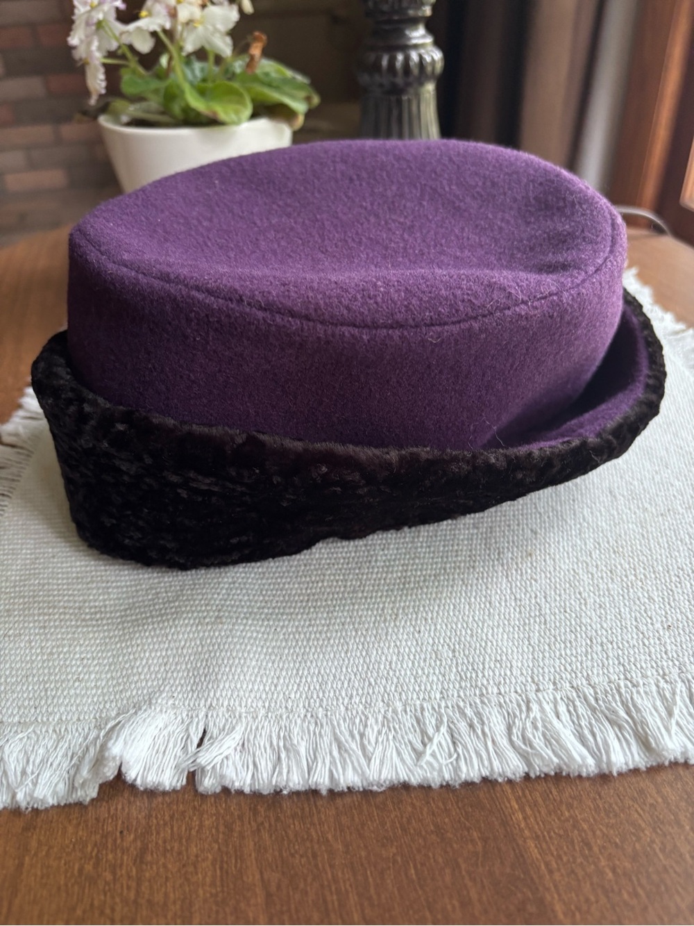 American Girl Purple Wool Pillbox Hat with Black Faux Fur Band Samantha